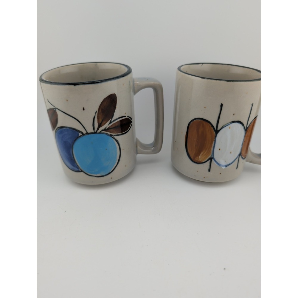 70's Vintage Korean COTC Stoneware Coffee Mugs Set of 2 Hand Painted